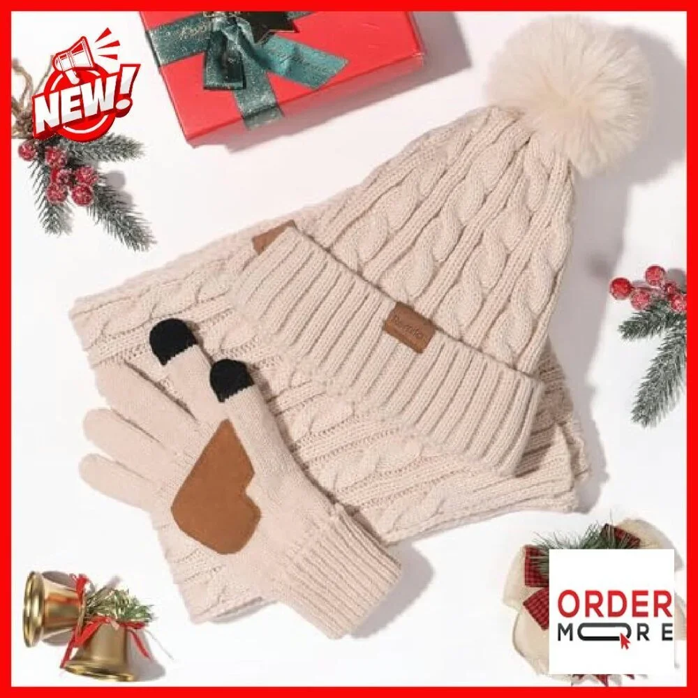3-Piece Winter Set: Beanie, Scarf, Touchscreen Gloves - Acrylic